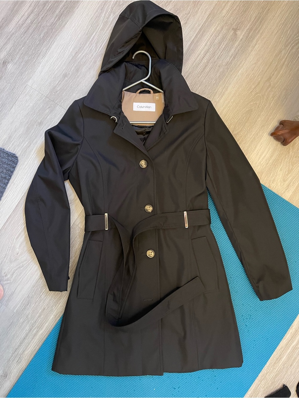 Calvin Klein Black Hooded Belted Trench Coat